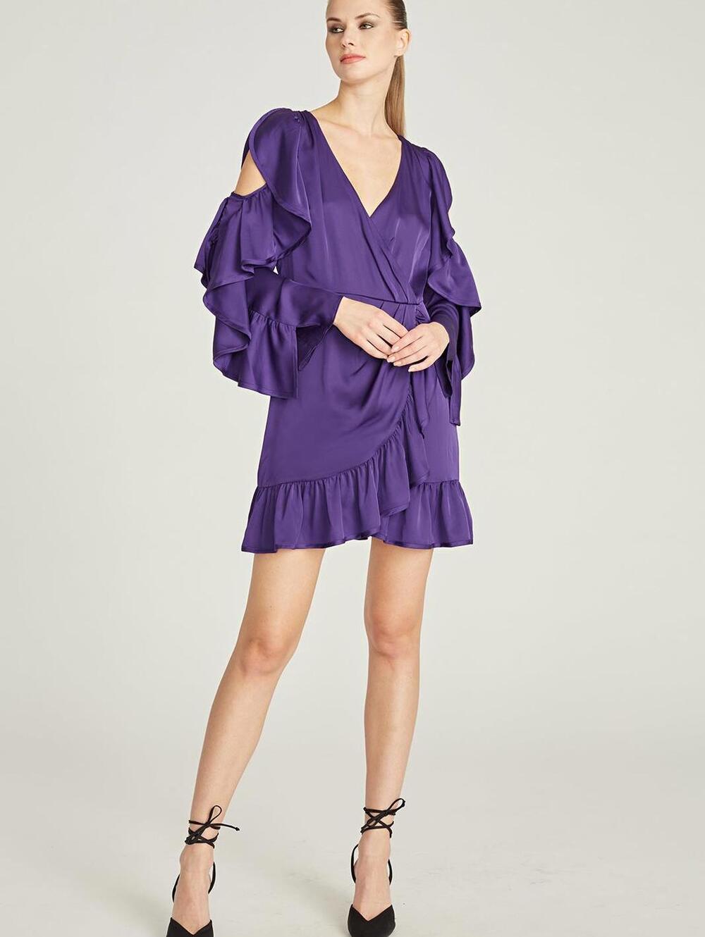 AMUR Monna Faux Wrap Mini Purple Ruffle Dress - Picture 4 of 8